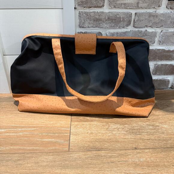 Elizabeth Arden Faux Ostrich Canvas Tote Travel Weekender Bag Satchel Black Tan - Picture 1 of 7